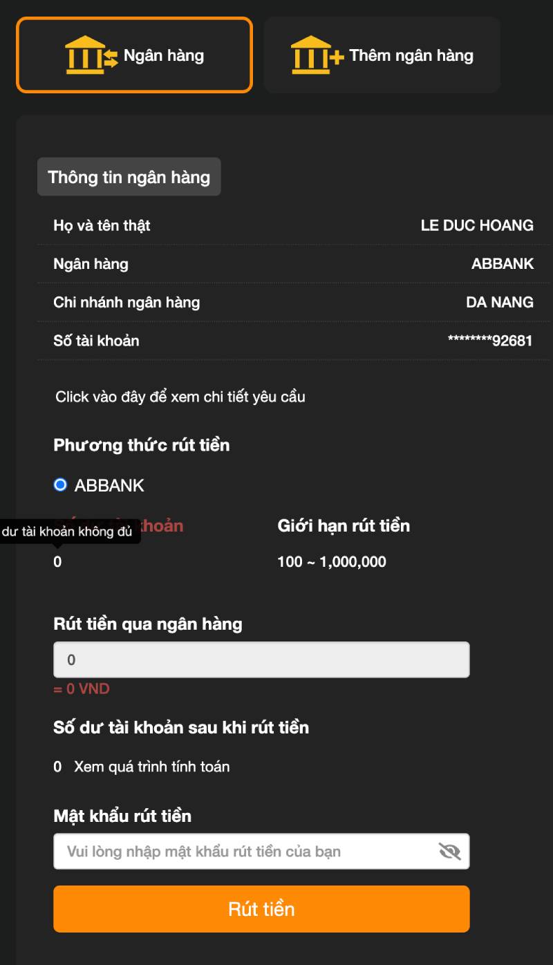 Bước 4: Thực hiện lệnh rút tiền