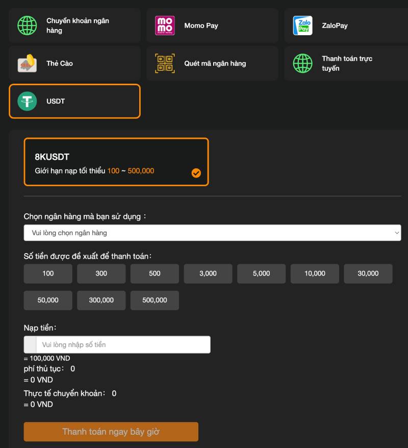 Nạp tiền bằng USDT (Tiền điện tử)