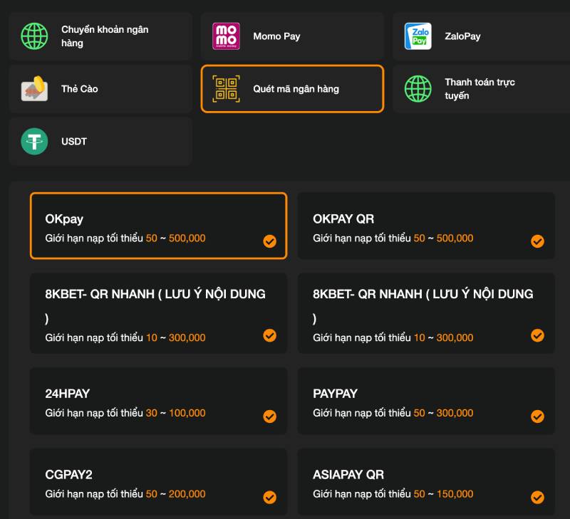 Nạp tiền bằng mã QR ngân hàng