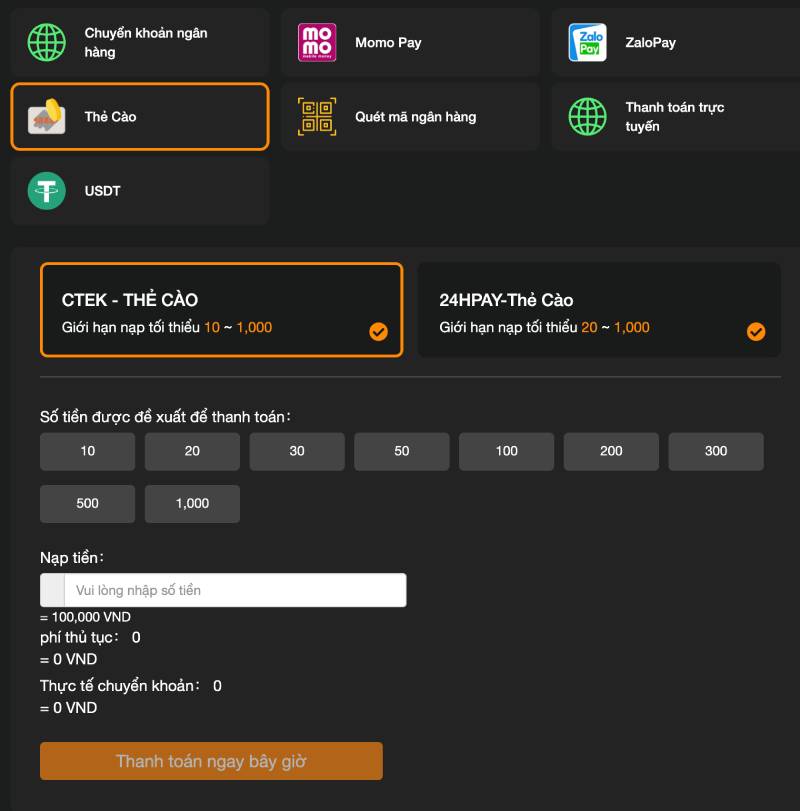 Nạp tiền bằng thẻ cào điện thoại