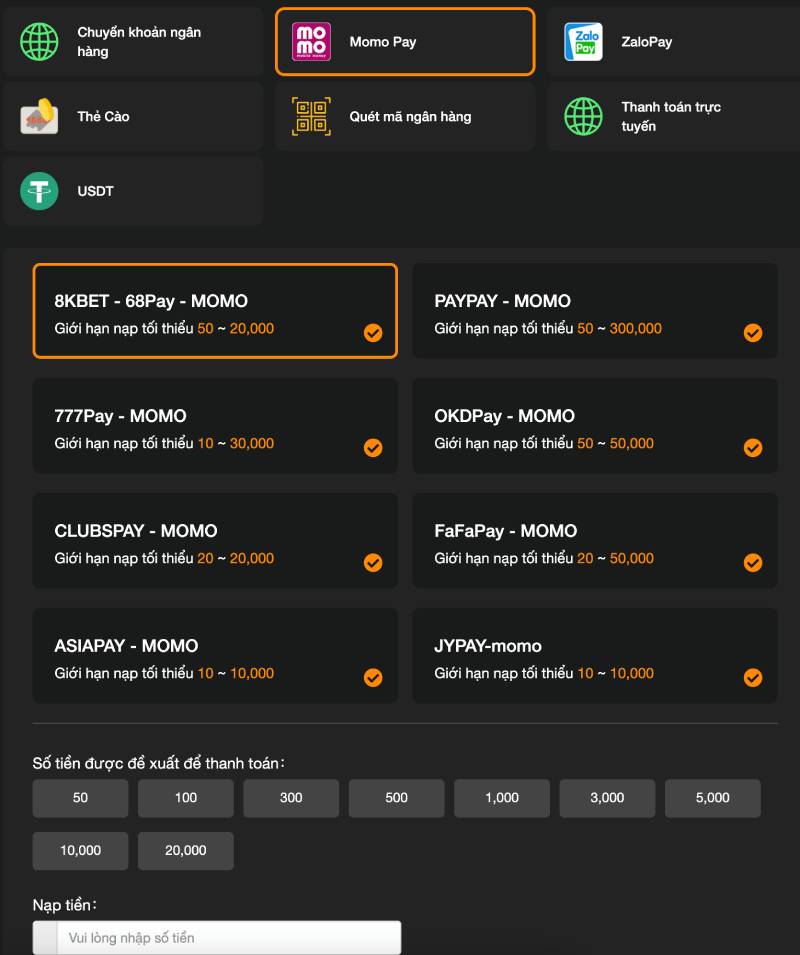 Nạp tiền bằng ví điện tử Momo Pay