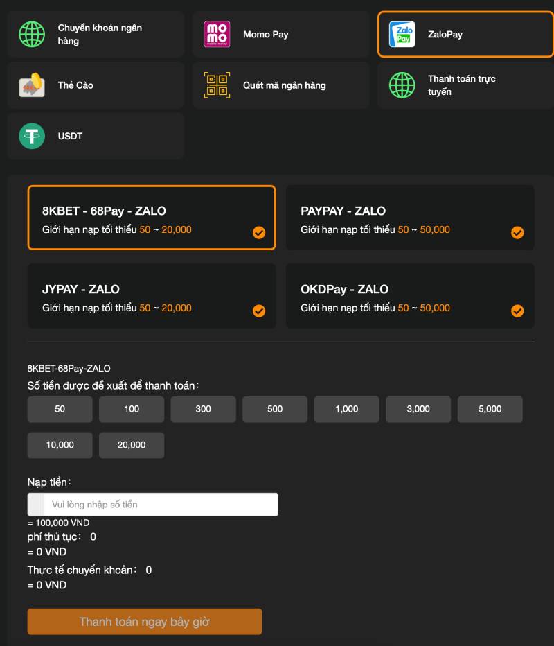 Nap tien qua ZaloPay 8kbet