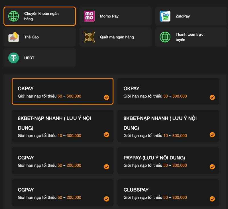 Nạp tiền qua chuyển khoản ngân hàng